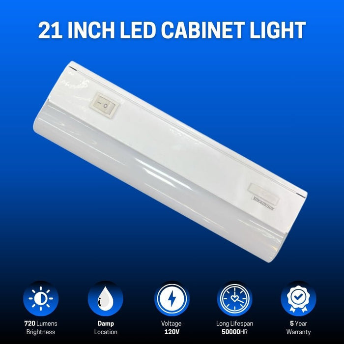 21 Inch LED Under Cabinet Light, 9W, 3CCT 3000K/4000K/5000K, 720 Lumens, Hardwired, On/Off Switch, CRI 80+, ETL Certified – Ideal for Kitchen, Pantry, Closet, Workbench, Office, Garage, and Display Lighting