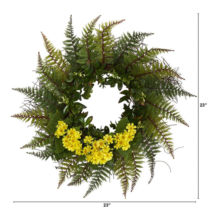 23” Assorted Fern and Daisy Artificial Wreath