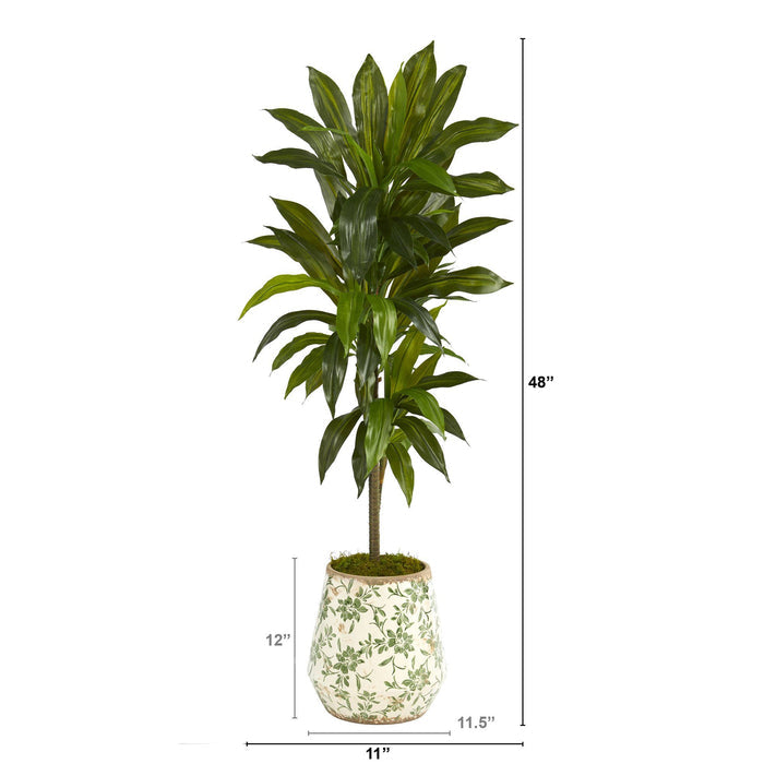 4’ Dracaena Artificial Plant in Flower Print Planter (Real Touch)
