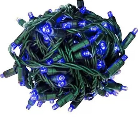50-light 5MM LED twinkle mini lights Blue on green wire, balled