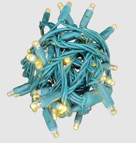Certified Lights 5MM LED mini lights with 4" spacing, 70 warm white bulbs on green wire.