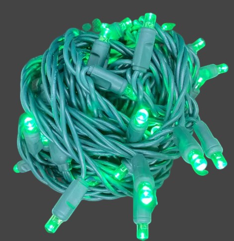 Certified Lights green LED mini lights with 4" spacing and 70 super bright wide-angle bulbs on green wire.