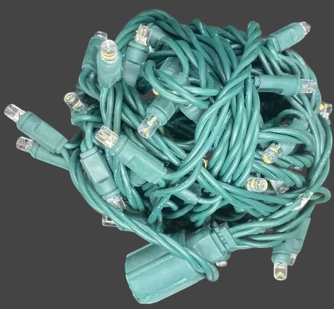 Certified Lights 5MM LED mini lights with 4" spacing on green wire. 70 super bright wide-angle LEDs.