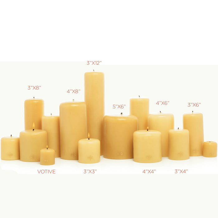 HG Amber Unscented Pillar Candle, 4"x4", hand-dipped paraffin, gold HG logo, oversized cotton wick.