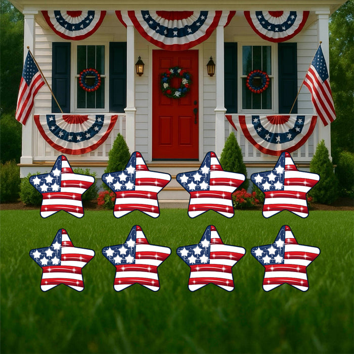 Set of 8 patriotic red, white and blue decorative yard signs n the shape of stars with an American Flag theme. Pefect lawn decor for summer holidays like the fourth of July, Memorial Day, and Labor Day. Decorate your yard, garden, walkway, porch or driveway today.