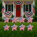Set of 8 patriotic red, white and blue decorative yard signs n the shape of stars with an American Flag theme. Pefect lawn decor for summer holidays like the fourth of July, Memorial Day, and Labor Day. Decorate your yard, garden, walkway, porch or driveway today.