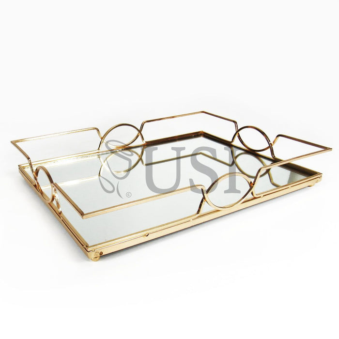 Art Deco Rectangle Metal Mirror Tray, 17in, Gold