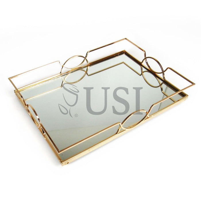 Art Deco Rectangle Metal Mirror Tray, 17in, Gold