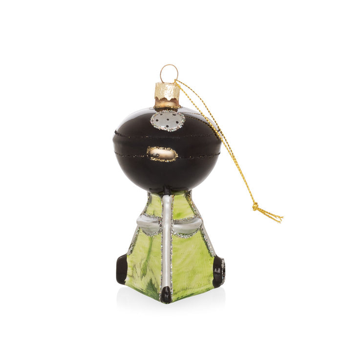 Hand-painted glass and resin Christmas ornament shaped like a black and green backyard grill with glitter accents.