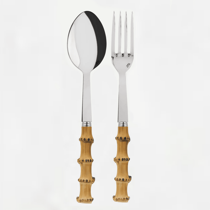 Bamboo 2-piece serving set: 10.5"L 18/10 stainless steel spoon and fork with natural bamboo handles.