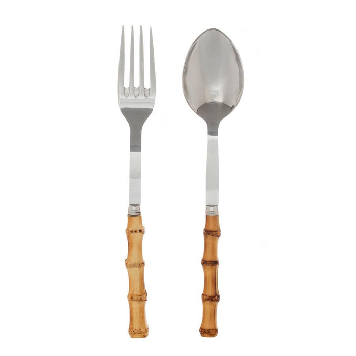 Bamboo 2-piece serving set: 10.5"L 18/10 stainless steel fork and spoon with natural bamboo handles.
