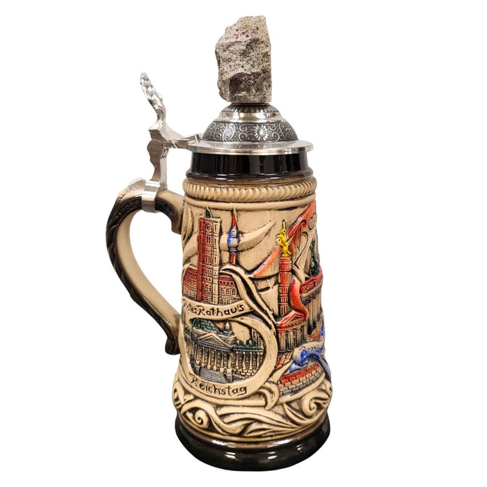 side of 0.25L German beer stein with Berlin landmarks Rotes Rathaus and Reichstag in relief, and pewter lid featuring a real Berlin Wall fragment.