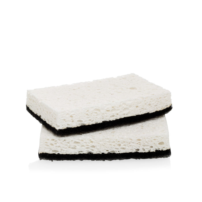 Set of 2 rectangular black and white kitchen sponges with a white scourer top and black sponge bottom.