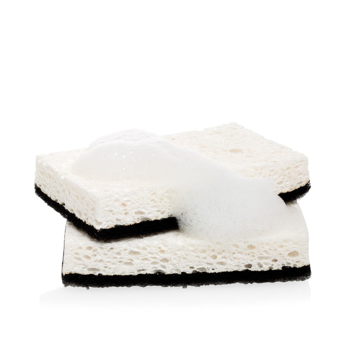 Set of 2 black and white kitchen sponges with a non-scratch scourer, one with soap suds.