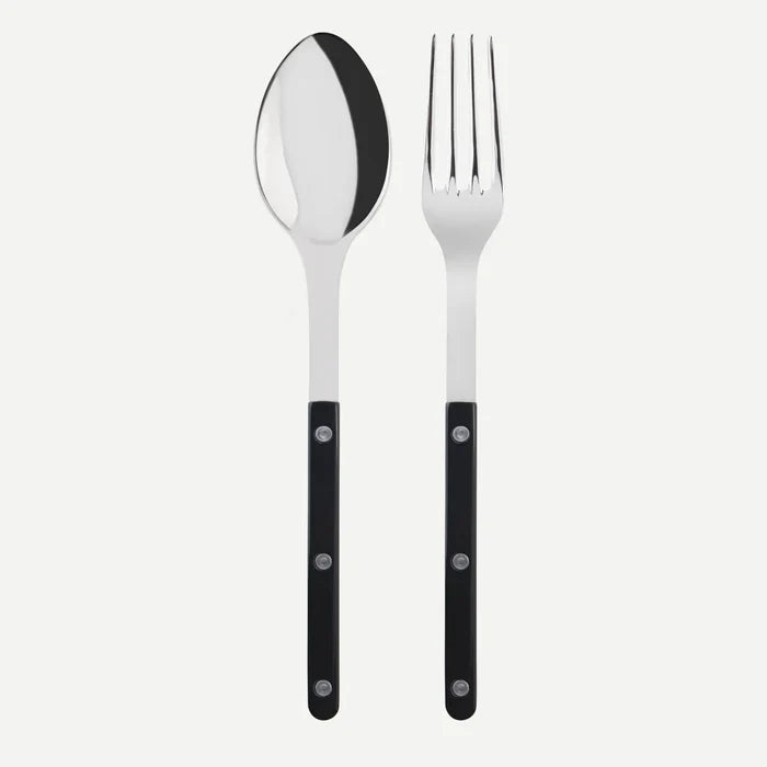 Black Bistro 2-piece serving set: 10.25" stainless steel spoon and fork with black acrylic handles.