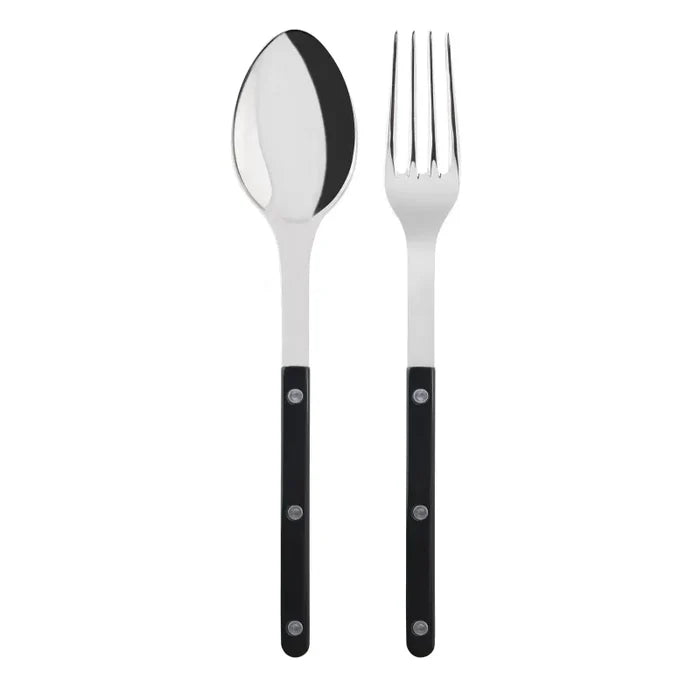 Black Bistro 2-piece serving set: 10.25" 18/10 stainless steel spoon and fork with black acrylic handles.