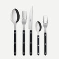 Black Bistro 5-piece flatware set with 18/10 stainless steel and black acrylic handles.