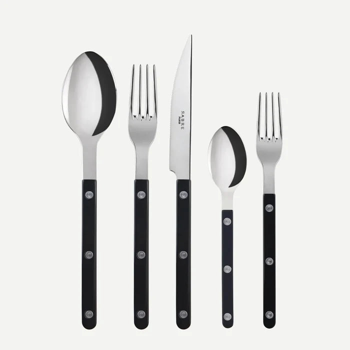 Black Bistro 5-piece flatware set with 18/10 stainless steel and black acrylic handles.