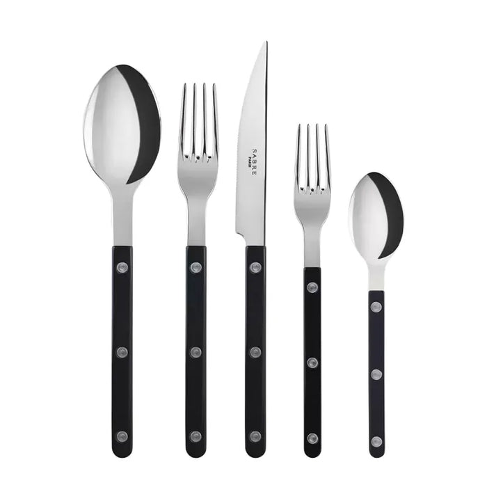 Black Bistro 5-piece flatware set with stainless steel and black acrylic handles.