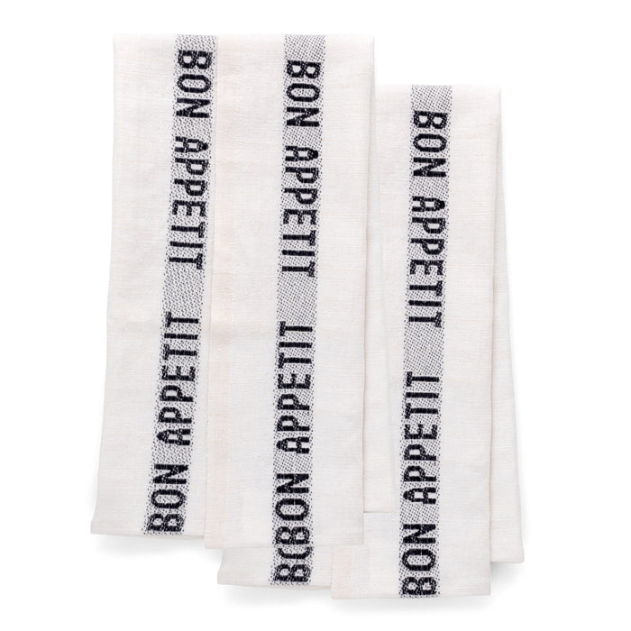Set of 2 white linen "Bon Appetit" hand towels with black vertical stripe design.