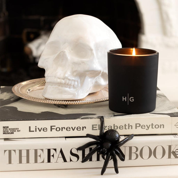 Black cast iron decorative spider, 3"L x 3.5"W, with a white skull and black candle.