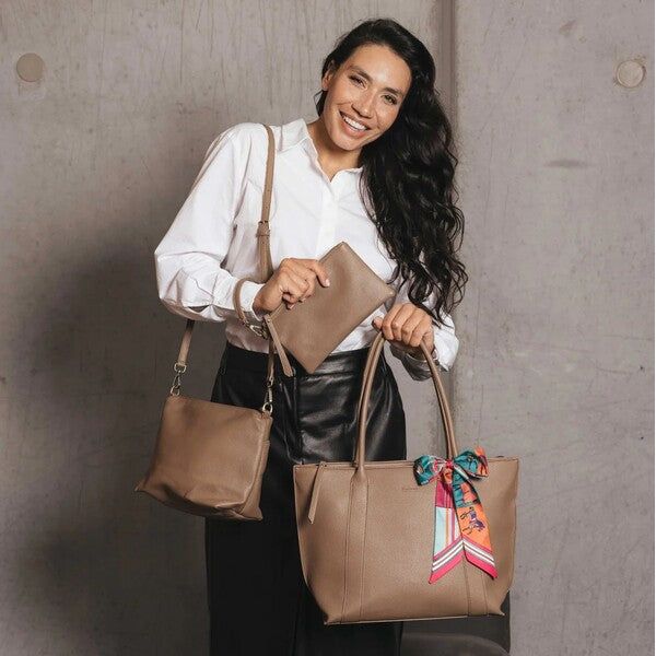 mocha light tan brown handbag set with scarf vegan leather