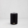 HG Black Unscented Pillar Candle, 3"x4", with gold HG logo, oversized cotton wick.
