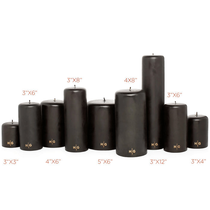 HG Black Unscented Pillar Candle, 3"x6", hand-dipped paraffin with gold HG logo.