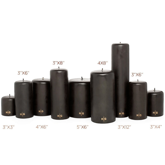 HG Black Unscented Pillar Candle, 5"x6", hand-dipped paraffin with gold HG logo.