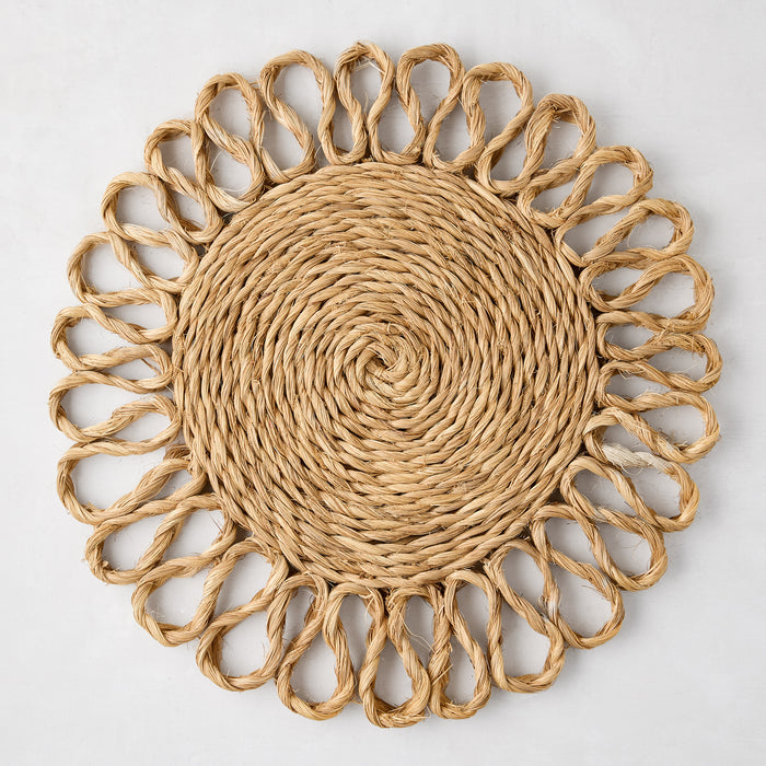 Bloom Woven Abaca Placemat, 15"Dia, natural brown, floral shape with looped edge.
