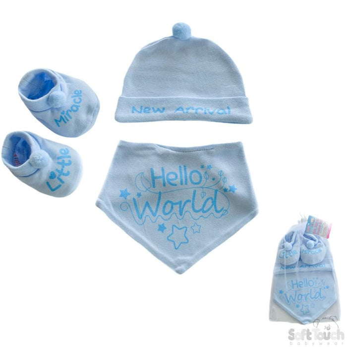Blue Bandana Bib, Hat & Bootee Set With Pom Poms: HBB254-B - Kidswholesale.co.uk