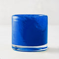 Blue votive glass candle holder, mouth-blown with unique swirls, clear base, 2.75"Dia x 2.75"H.