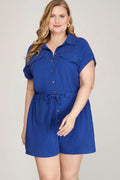 Boarding Pass Short Sleeve Romper Royal Blue - Curvy