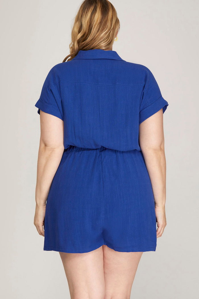 Boarding Pass Short Sleeve Romper Royal Blue - Curvy