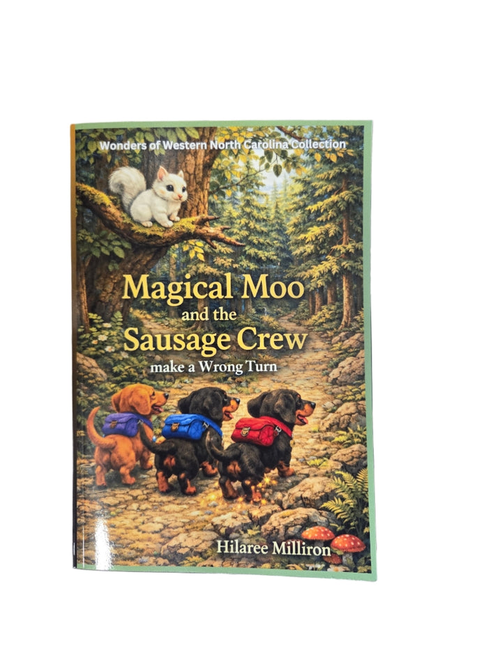Magical Moo and the Sausage Crew Make a Wrong Turn children's book cover featuring three adventurous dachshund siblings