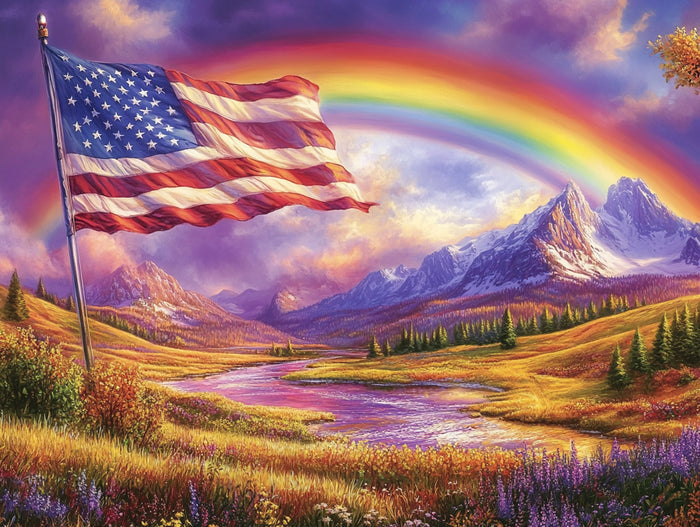 Breathtaking Landscape With The American Flag