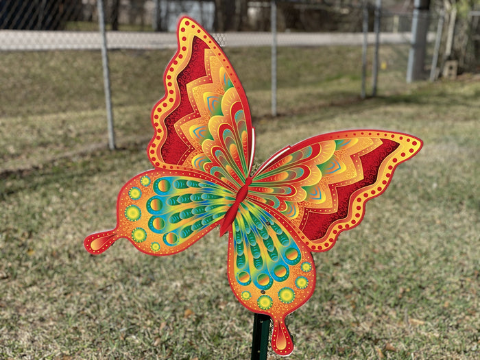 Outdoor Signs for decorating a yard. Butterfly yard art sign with stakes in orange, red, blue, teal and yellow