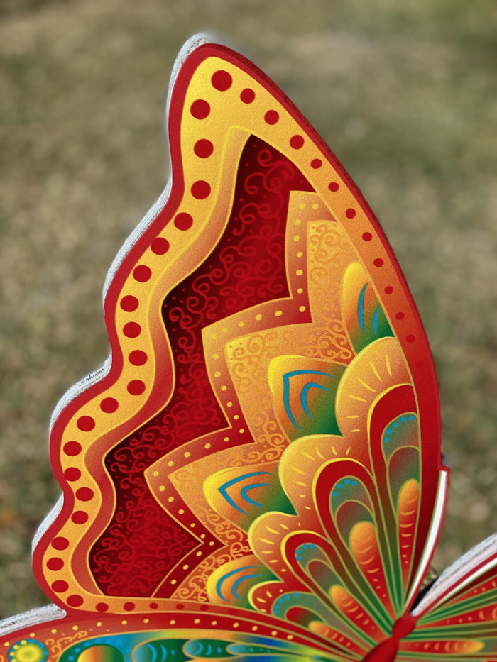 Outdoor spring decor - animal yard decorations - butterfly wing in red, orange, tangerine, and teal.