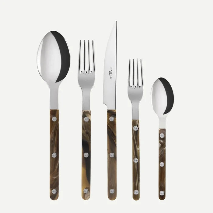 Buffalo Bistro 5-piece flatware set with stainless steel utensils and brown marbled acrylic handles.