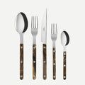 Buffalo Bistro 5-piece flatware set with stainless steel utensils and brown marbled acrylic handles.