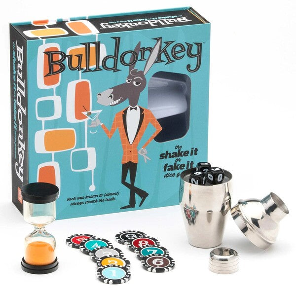 Bulldonkey game set with box, dice shaker, hourglass, and cards