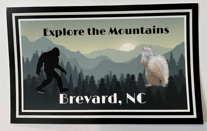 A bumper sticker with an illustration of a white squirrel and Sasquatch, featuring the text 'Explore the Mountains, Brevard, NC'.