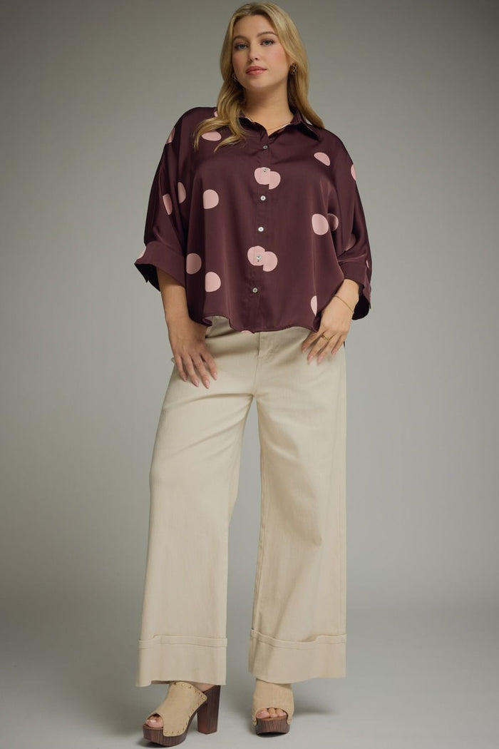 Burgundy Polka Dot Dolman Sleeve Top - Curvy Available