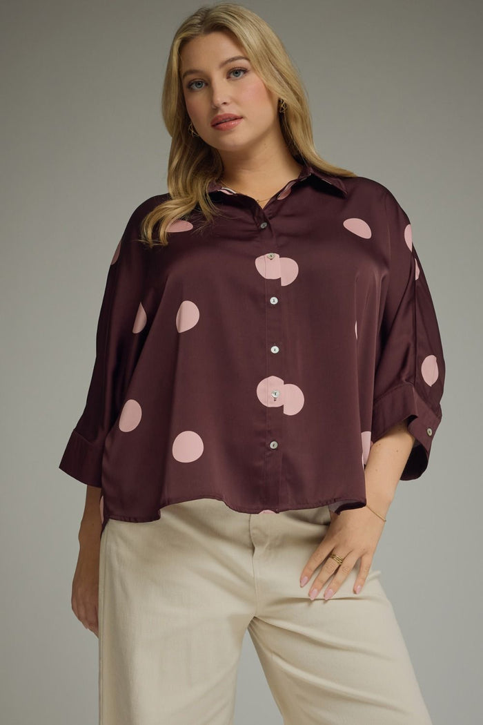 Burgundy Polka Dot Dolman Sleeve Top - Curvy Available