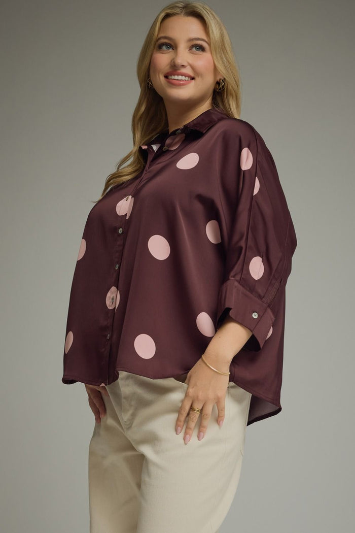 Burgundy Polka Dot Dolman Sleeve Top - Curvy Available