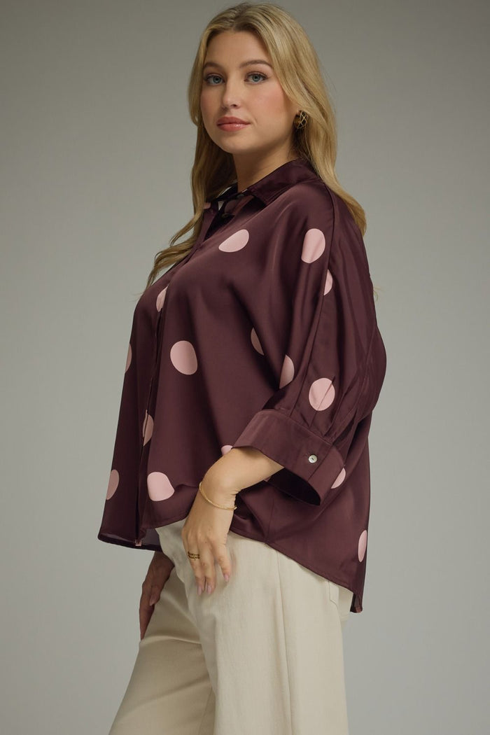 Burgundy Polka Dot Dolman Sleeve Top - Curvy Available