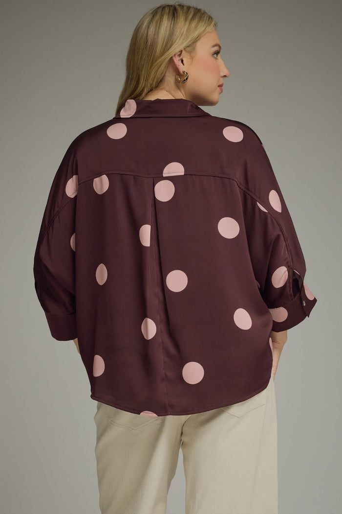 Burgundy Polka Dot Dolman Sleeve Top - Curvy Available