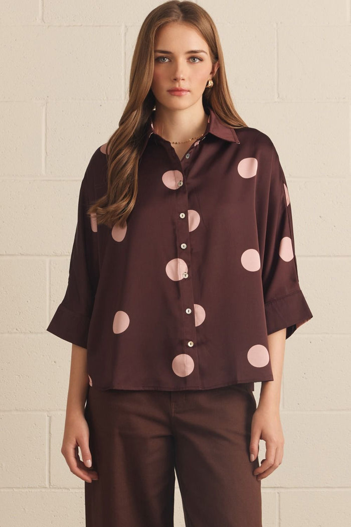 Burgundy Polka Dot Dolman Sleeve Top - Curvy Available