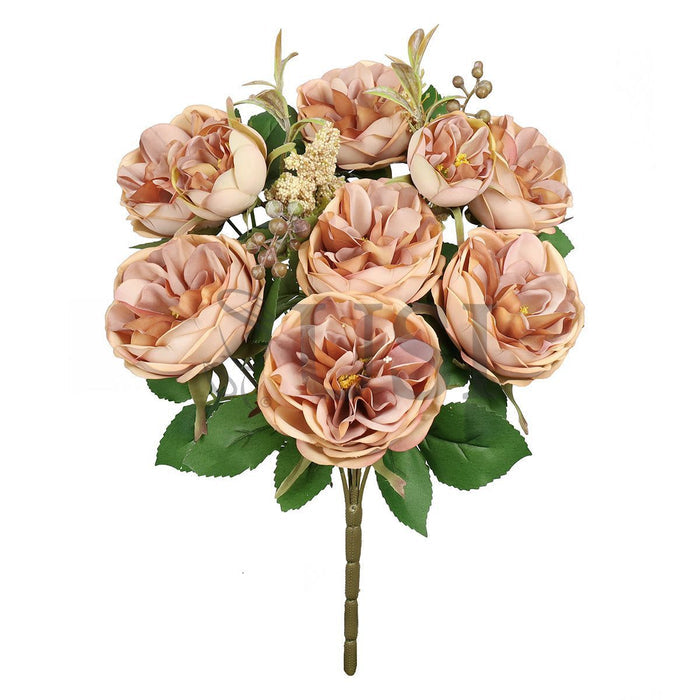 Cabbage Rose Flower Bush w Filler x9, 18in, Cafe