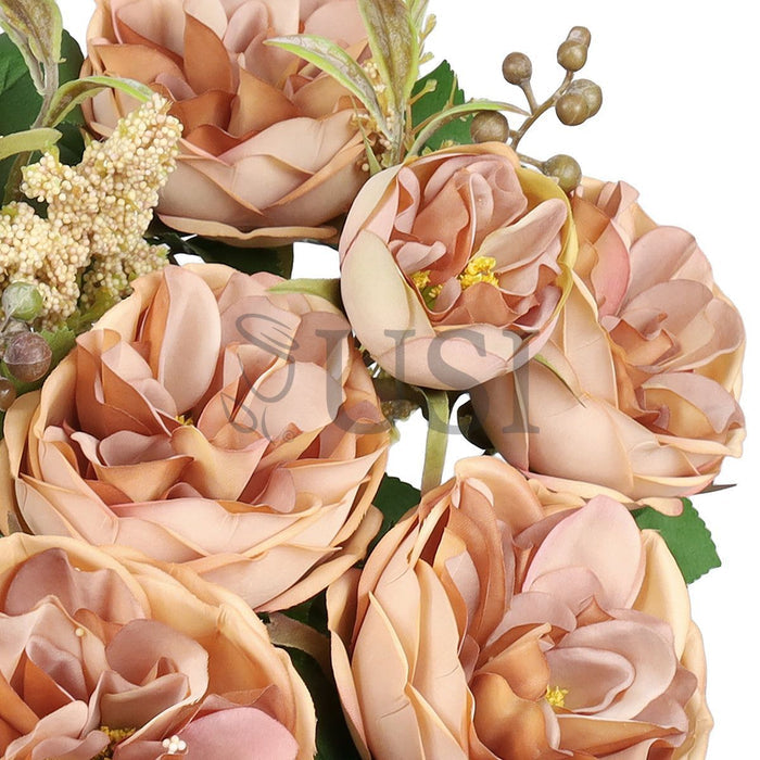 Cabbage Rose Flower Bush w Filler x9, 18in, Cafe